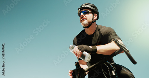 Картината върху платно Water, thinking and cycling with man in city for triathlon mockup space, electrolytes and workout