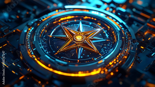 Wallpaper Mural Abstract 3D Render: Golden Star Embedded in a Futuristic, Circular, Tech-Inspired Device Glowing with Orange and Blue Lights Torontodigital.ca