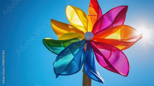 Low-angle view of a spinning pinwheel, vivid colors in motion, clear sky and bright sunlight, childhood fun, wind and movement theme