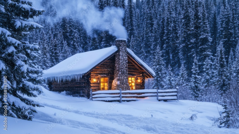 Snow-covered cabin in the mountains, smoke coming from chimney, warm lights inside, peaceful and isolated, winter wonderland Snow-covered cabin in the mountains, smoke coming from chimney, warm lights inside, peaceful and isolated, winter wonderland