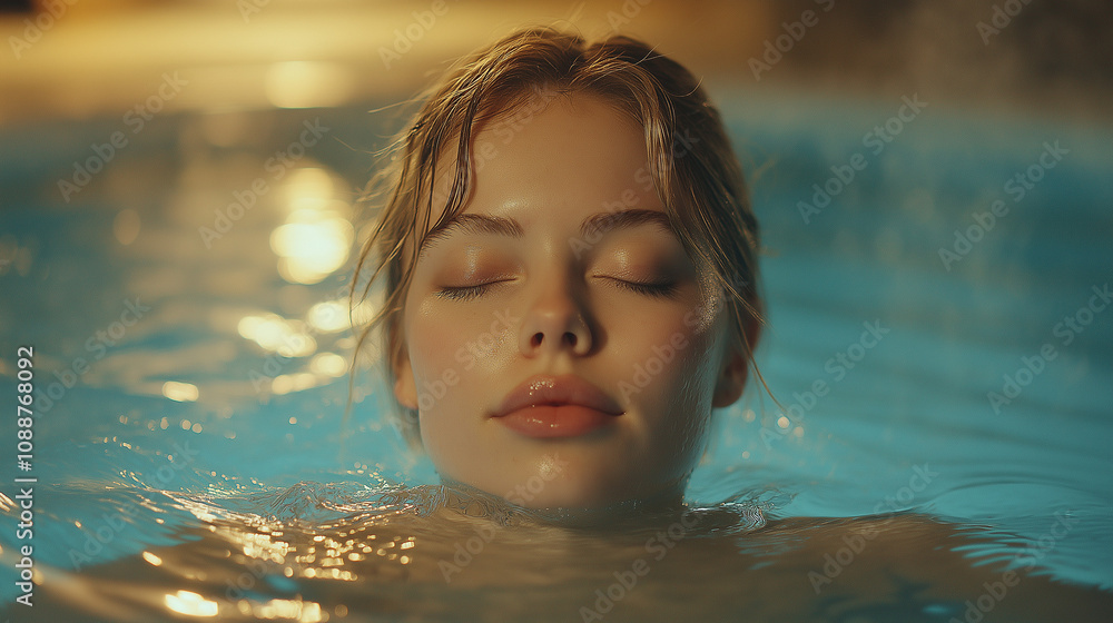 Woman relaxing in a serene pool at night. Woman relaxing in a serene pool at night.