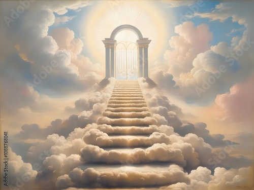staircase and gate in heaven in the clouds, symbol of paradise 