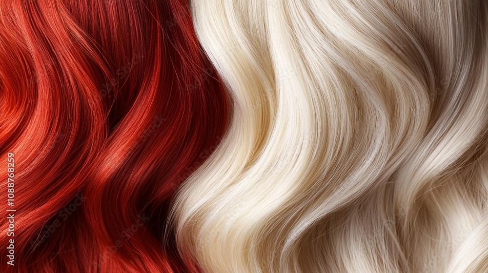 Vibrant red and platinum blonde hair extensions showcase contrasting colors and textures, highlighting the beauty of diverse hair shades and styles in close-up. Vibrant red and platinum blonde hair extensions showcase contrasting colors and textures, highlighting the beauty of diverse hair shades and styles in close-up.
