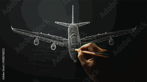 Detailed Hand Drawing Airplane on Black Background