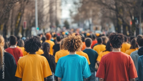 People walking in a crowd, seen from behind.