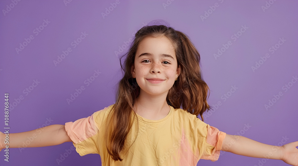 Portrait of lovely young girl arms hold empty space wear shirt isolated on purple color background Portrait of lovely young girl arms hold empty space wear shirt isolated on purple color background