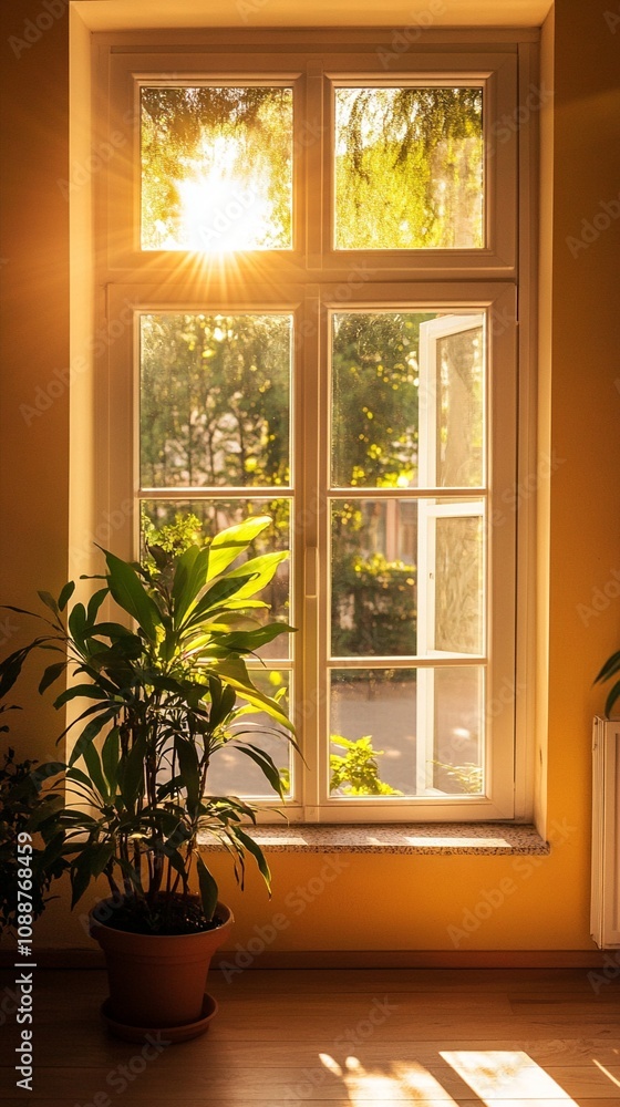 Sunlight streams through an open window, casting a warm glow on the interior and illuminating a potted plant, creating a serene and inviting atmosphere. Sunlight streams through an open window, casting a warm glow on the interior and illuminating a potted plant, creating a serene and inviting atmosphere.