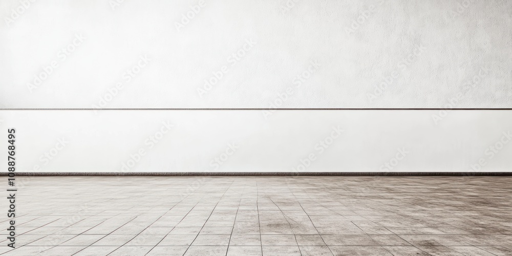 A minimalist interior space with a textured wall and tiled floor. A minimalist interior space with a textured wall and tiled floor.