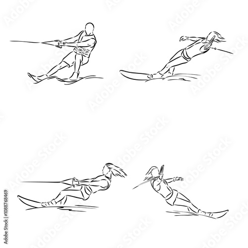 water ski girl, vector sketch illustration