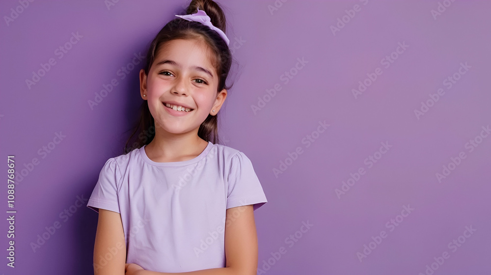 Portrait of lovely young girl arms hold empty space wear shirt isolated on purple color background Portrait of lovely young girl arms hold empty space wear shirt isolated on purple color background
