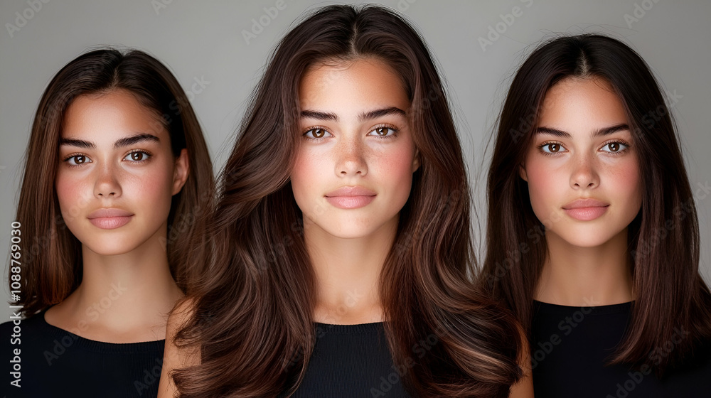Smiling brunette woman with long hair, looking at camera with sensual expression Smiling brunette woman with long hair, looking at camera with sensual expression