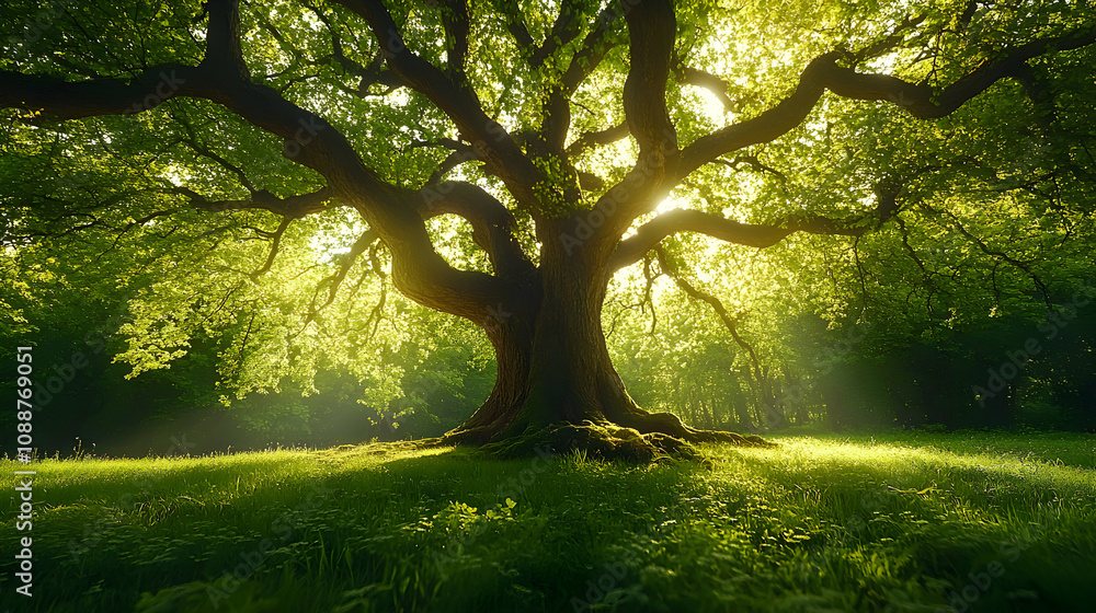 Majestic Oak Tree Stands Tall in Sunlit Forest Clearing, Lush Green Grass and Sunlight Beams Illuminate the Scene Majestic Oak Tree Stands Tall in Sunlit Forest Clearing, Lush Green Grass and Sunlight Beams Illuminate the Scene