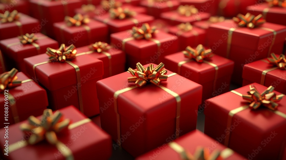 Gift Christmas and New Year A bunch of red boxes with gold bows on them Gift Christmas and New Year A bunch of red boxes with gold bows on them