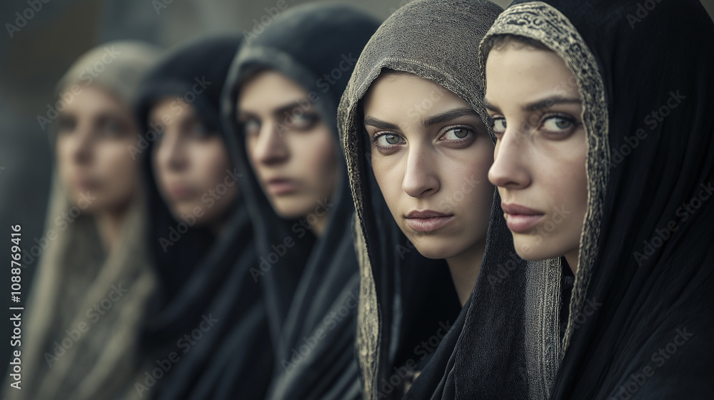 Group of women in traditional black shawls in solemn pose. Group of women in traditional black shawls in solemn pose.