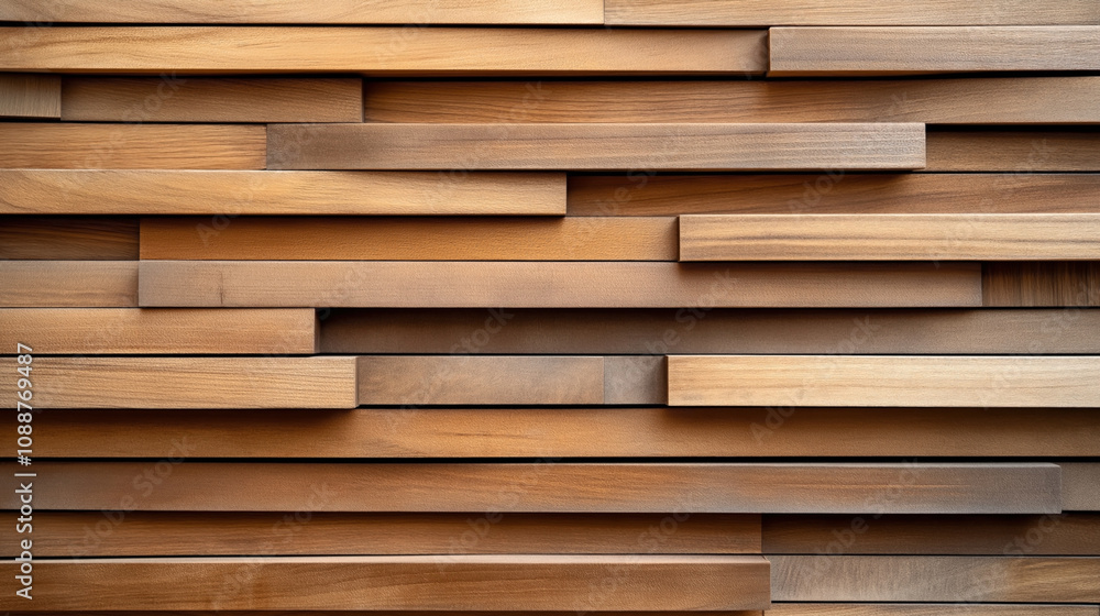 Geometric wooden plank wall with overlapping rectangular panels in various shades of brown, creating a layered and textured pattern Geometric wooden plank wall with overlapping rectangular panels in various shades of brown, creating a layered and textured pattern
