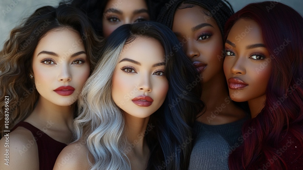 Diverse beauty portrait showcasing four women with striking features, vibrant lip colors, and varied hair textures, embodying multicultural glamour and confidence. Diverse beauty portrait showcasing four women with striking features, vibrant lip colors, and varied hair textures, embodying multicultural glamour and confidence.