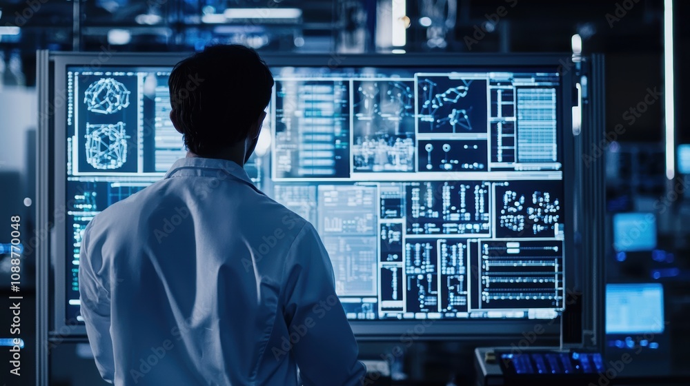 Scientist Analyzing Data on Large Screen in Advanced Laboratory, Working with High-Tech Graphics and Complex Information in Modern Research Environment Scientist Analyzing Data on Large Screen in Advanced Laboratory, Working with High-Tech Graphics and Complex Information in Modern Research Environment