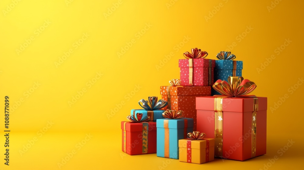 Obraz premium Gift Christmas and New Year A stack of colorful boxes with bows on top, arranged on a yellow background