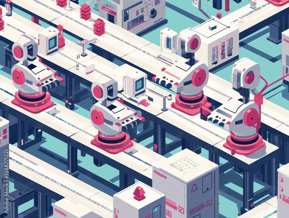 Obraz premium Futuristic Factory with Robotic Arms and Automated Production Lines in a Vibrant Industrial Setting Featuring Streamlined Operations and Modern Technology