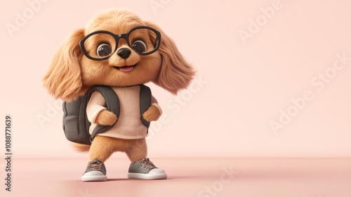 A cute animated dog wearing glasses and a backpack, ready for adventure.