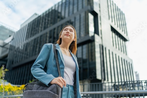 Portrait of a young and confident businesswoman standing in front a modern office building in the financial district