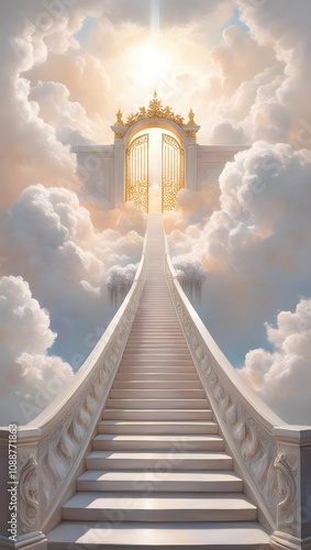 staircase and gate in heaven in the clouds, symbol of paradise 