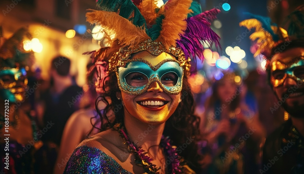 Closeup of a woman in a colorful masquerade mask smiling at the camera, surrounded by blurred lights and people. Closeup of a woman in a colorful masquerade mask smiling at the camera, surrounded by blurred lights and people.