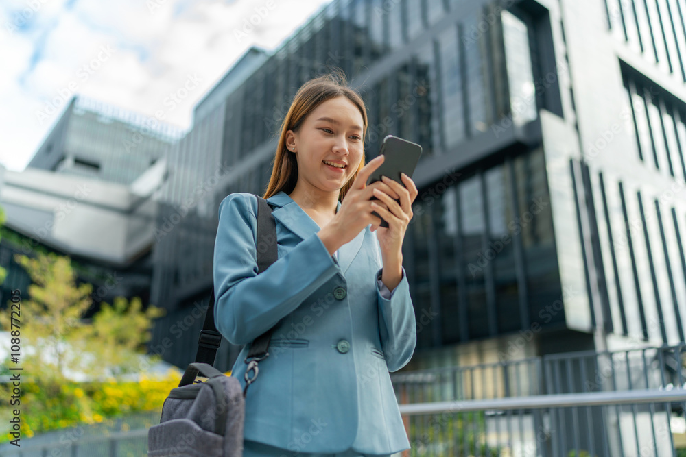 Asian Businesswoman Carrying Laptop Bag Using Phone In Front Of A Modern Office Building Asian Businesswoman Carrying Laptop Bag Using Phone In Front Of A Modern Office Building