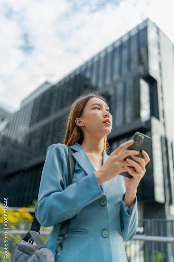 Asian Businesswoman Carrying Laptop Bag Using Phone In Front Of A Modern Office Building Asian Businesswoman Carrying Laptop Bag Using Phone In Front Of A Modern Office Building