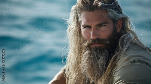 Portrait of a Man with Long Blond Hair and Beard,  Ocean Background,  Realistic Photo
