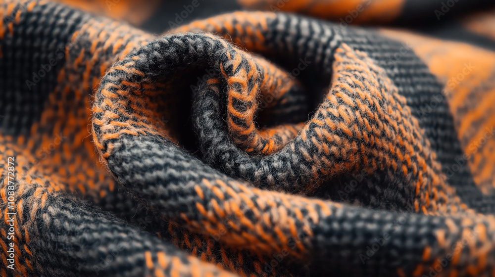 Close-up of textured knitted fabric with orange and dark blue patterns creating a spiral form, showcasing intricate woven design and soft texture. Close-up of textured knitted fabric with orange and dark blue patterns creating a spiral form, showcasing intricate woven design and soft texture.