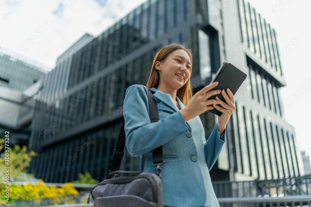Fototapeta premium Young Asian Businesswoman Using Digital Tablet While On The Way To The Office In The Morning