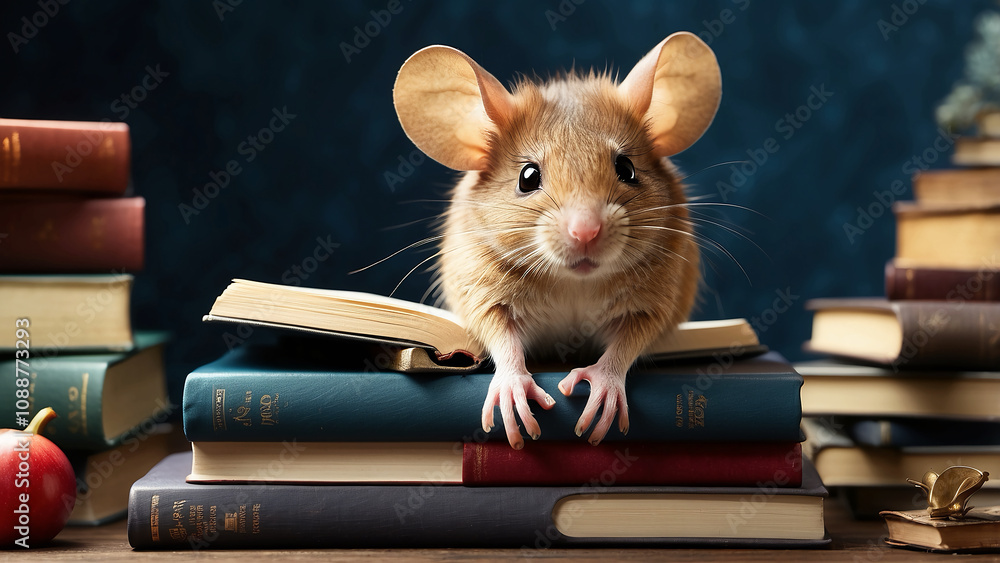Fototapeta premium Curious Rat with Vintage Books in Cozy Study Setting