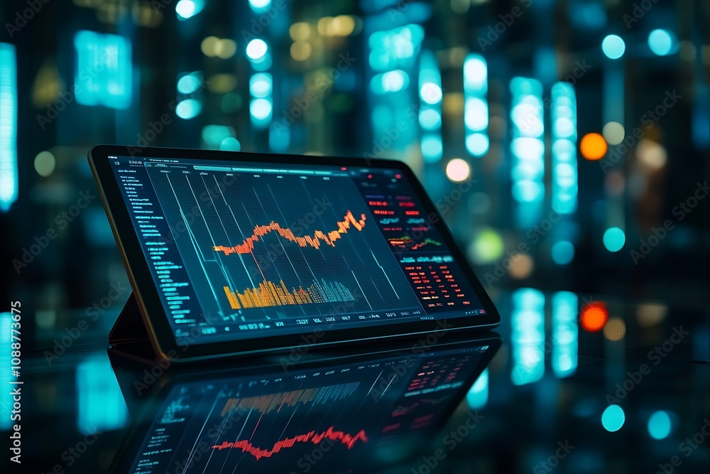 Stock Market Data Analytics: Investment Growth and Trading Chart on Tablet Screen Stock Market Data Analytics: Investment Growth and Trading Chart on Tablet Screen