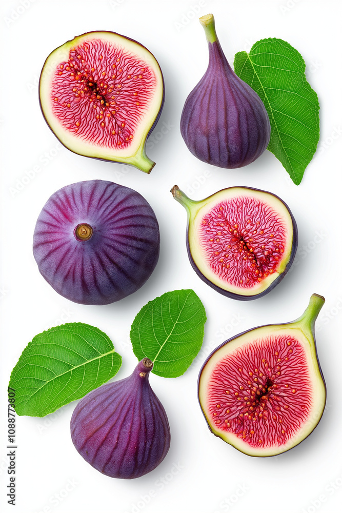 Floating figs cut open to reveal the bright interior, isolated on white background. Floating figs cut open to reveal the bright interior, isolated on white background.