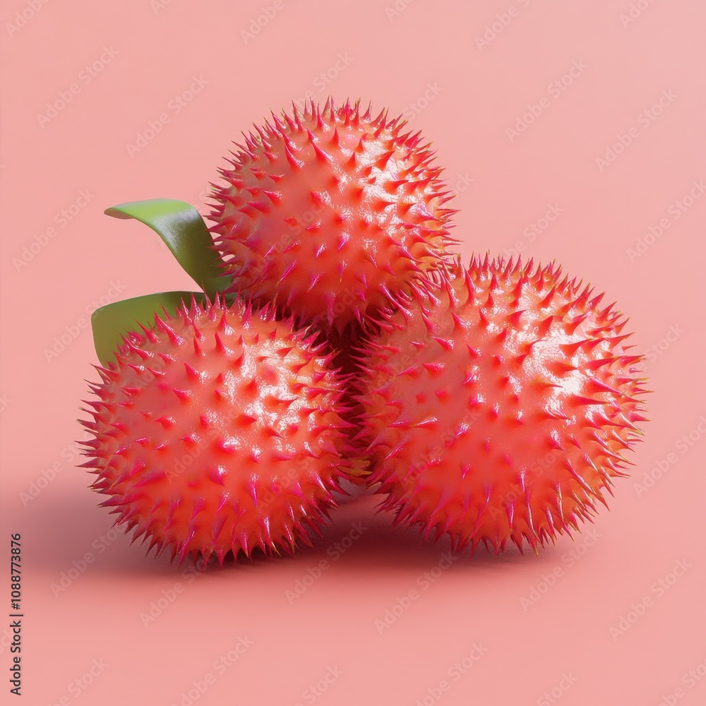 Vibrant Red Spiky Tropical Fruit on Pink Background Vibrant Red Spiky Tropical Fruit on Pink Background