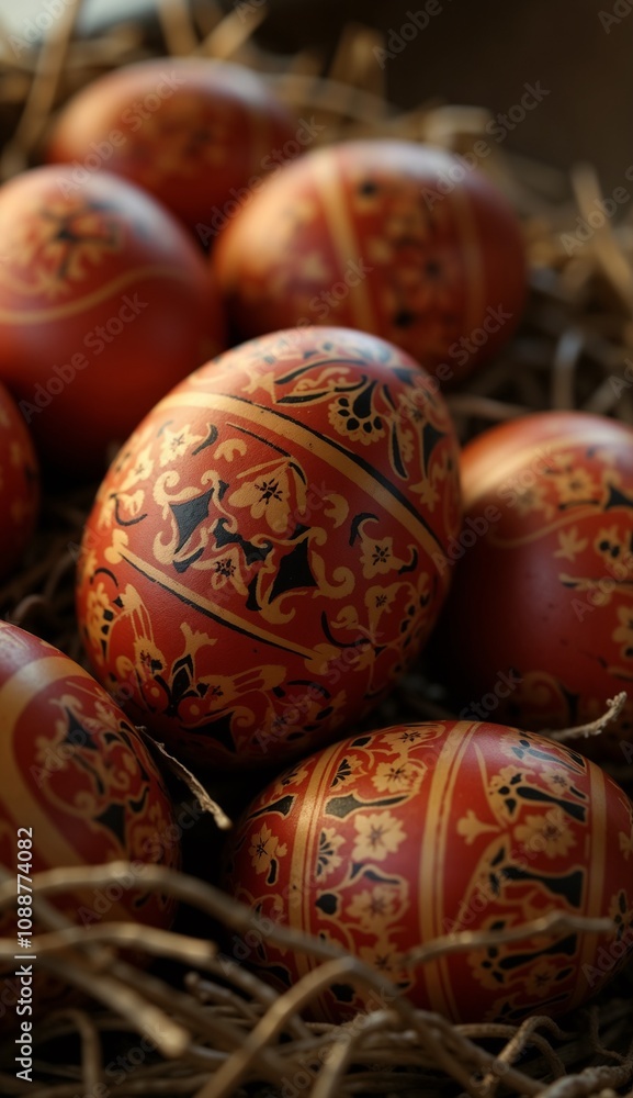 Beautifully decorated traditional easter eggs in a nest of straw with intricate patterns
Beautifully decorated traditional easter eggs in a nest of straw with intricate patterns