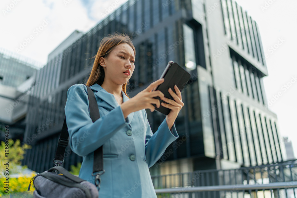 Young Asian Businesswoman Using Digital Tablet While On The Way To The Office In The Morning Young Asian Businesswoman Using Digital Tablet While On The Way To The Office In The Morning