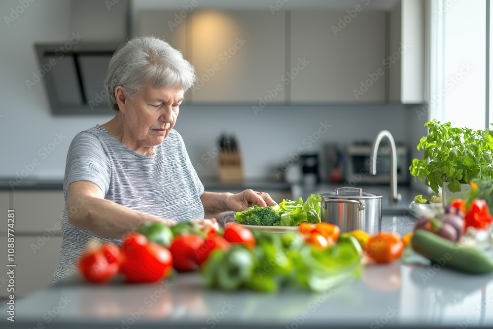Senior woman preparing fresh vegetables Senior woman preparing fresh vegetables