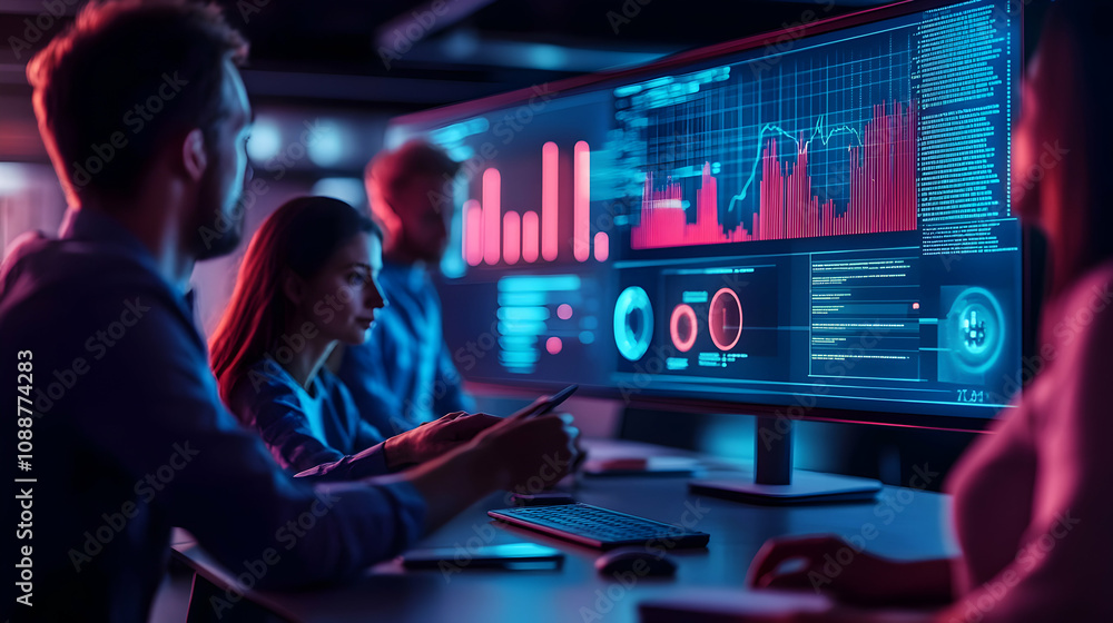 Team Analyzes Data on Large Monitors in a Dark Room, illuminated with Neon Lights. Team Analyzes Data on Large Monitors in a Dark Room, illuminated with Neon Lights.