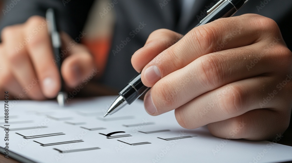 A person writing on paper with a pencil, focused on business performance monitoring and filling out digital forms. A person writing on paper with a pencil, focused on business performance monitoring and filling out digital forms.