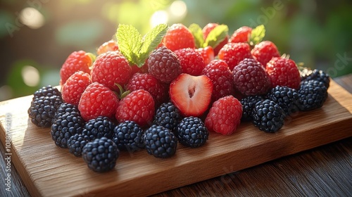 Fresh mixed berries on a board.