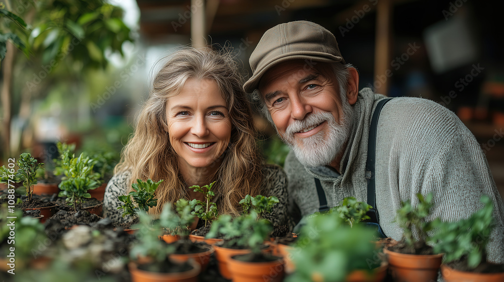 Couple enjoys gardening together among potted plants at a nursery on a sunny day in spring. Generative AI Couple enjoys gardening together among potted plants at a nursery on a sunny day in spring. Generative AI