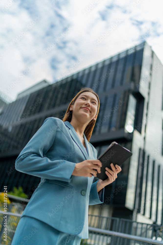 Young Businesswoman Using Digital Tablet In Front A Modern Office Building in a Financial District Young Businesswoman Using Digital Tablet In Front A Modern Office Building in a Financial District