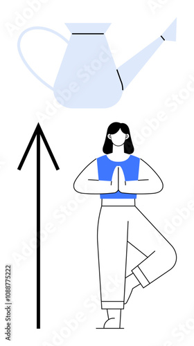 Woman in tree pose beneath a watering can and an upward arrow. Ideal for wellness, self-care, personal growth, balance, meditation, mindfulness, lifestyle. Line metaphor