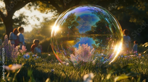 A group of people are standing in a field of flowers, with a large, colorful bubble in the middle of the scene. The bubble is surrounded by a reflection