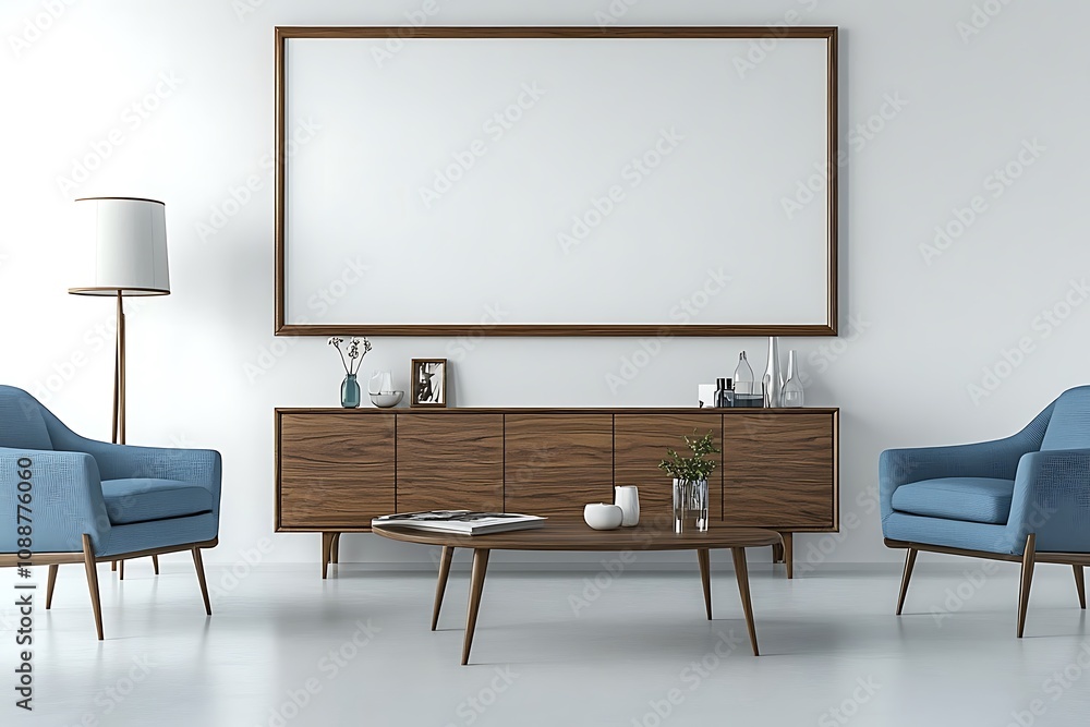Modern Wooden Living Room with Artwork and Blue Chairs Modern Wooden Living Room with Artwork and Blue Chairs