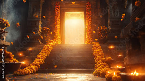 Ancient Temple Entrance with Flower Garlands and Candles