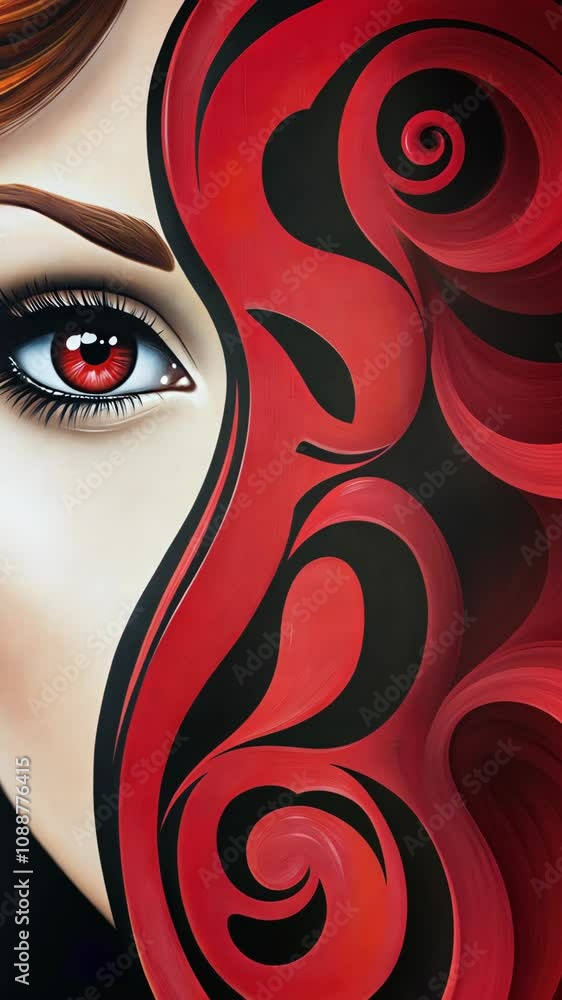 The image features a stylized female eye, intensely red, partially covered by swirling red and black shapes that resemble hair or a flowing fabric The image features a stylized female eye, intensely red, partially covered by swirling red and black shapes that resemble hair or a flowing fabric