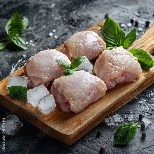 Fresh Chicken Thighs on Wooden Board with Ice, Fresh Basil Leaves and Black Peppercorns, Ideal for Cooking and Culinary Presentation photo